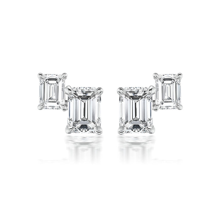 Emerald Cut Diamond Duo Stud Earrings