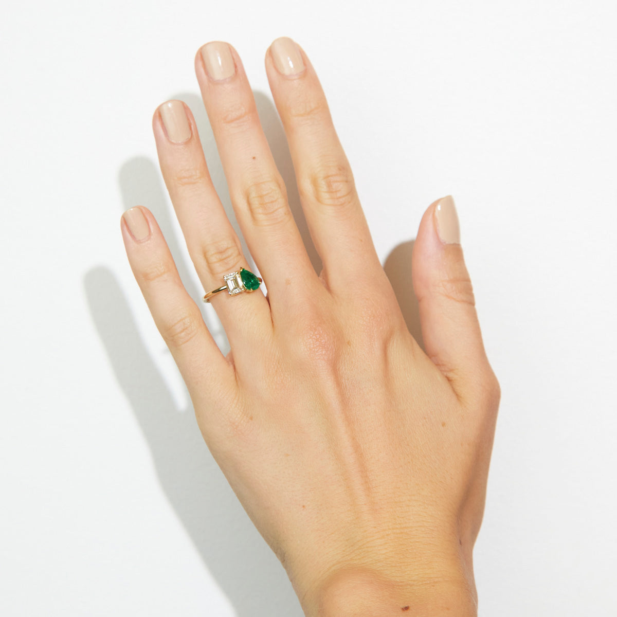 14K Yellow Gold Emerald and Pear Shape Toi et Moi Ring