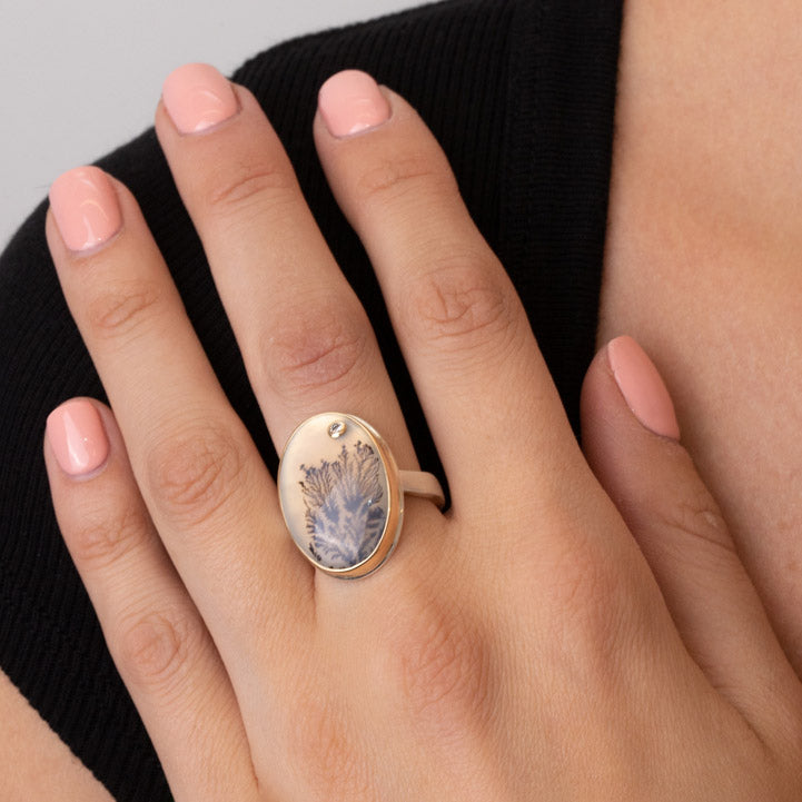 Sterling online Silver Dendritic Agate Ring, One of a Kind Non-Traditional Engagement Ring, Ready to Ship