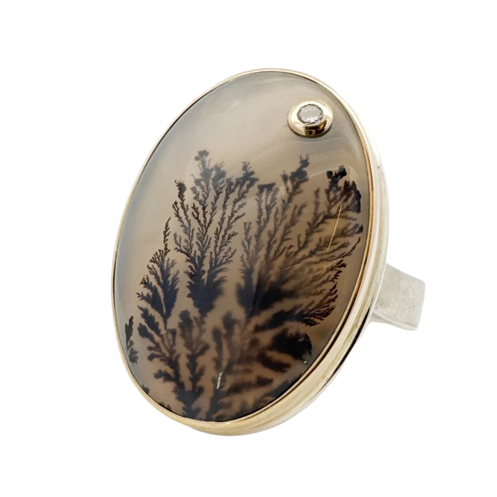 Sterling Silver Dendritic Agate Ring, One popular of a Kind Non-Traditional Engagement Ring, Ready to Ship