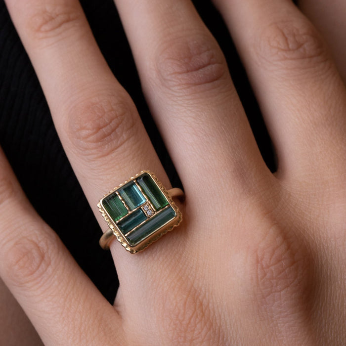 Blue Green Tourmaline & Diamond Mosaic Ring