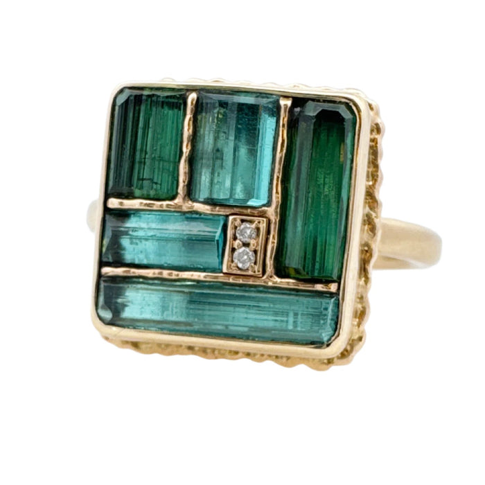 Blue Green Tourmaline & Diamond Mosaic Ring