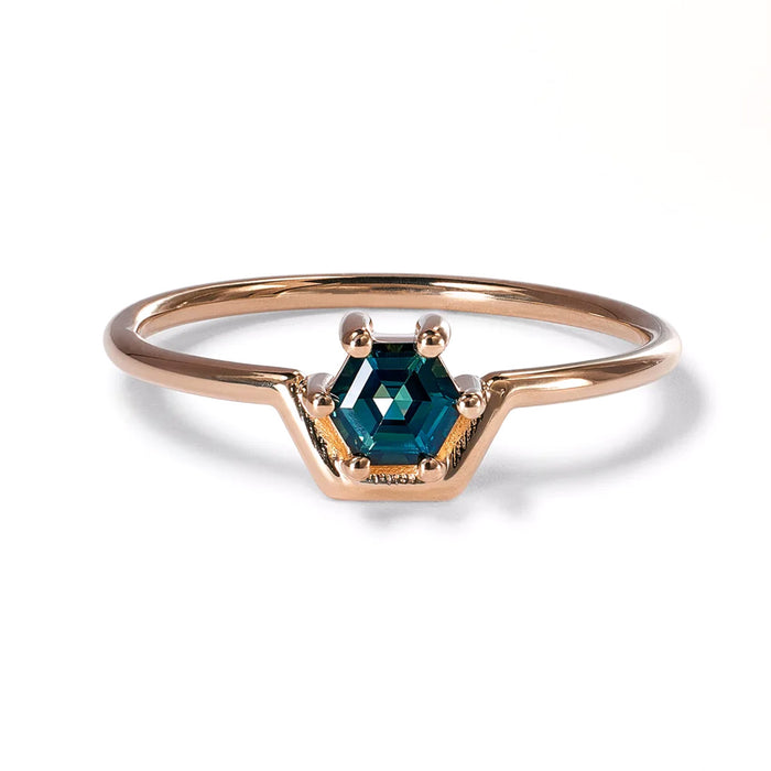 Small Hexagon Teal Sapphire Nestled Ring