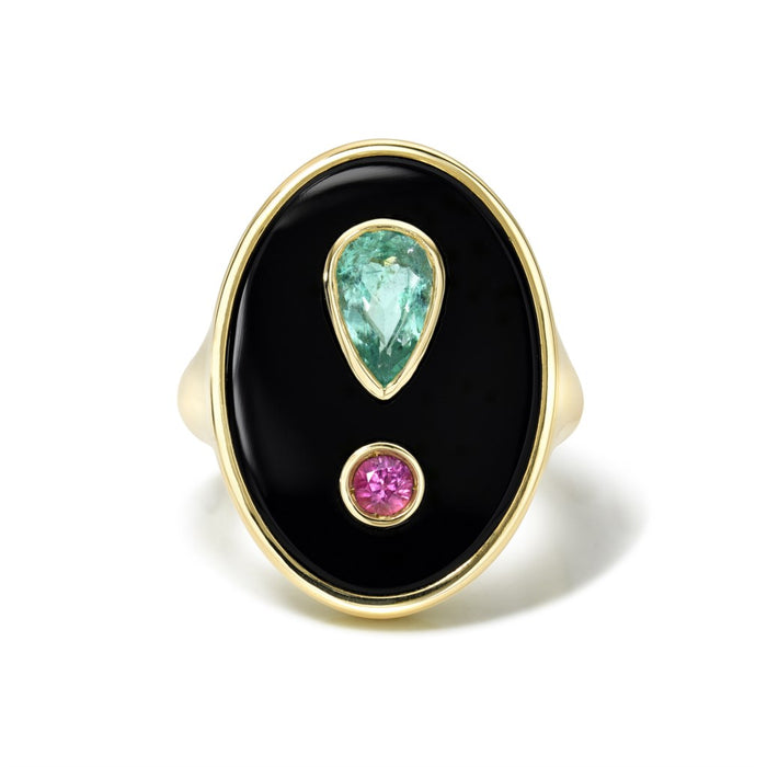 Exclamation Point Paraiba Tourmaline, Onyx & Sapphire Ring