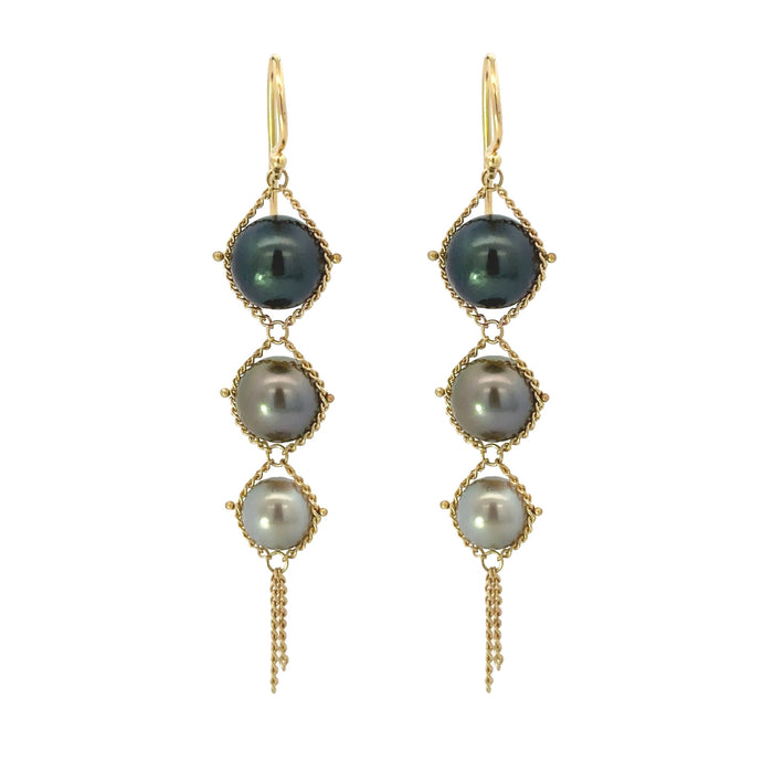 One of a Kind Tahitian Pearl Textile Trio Drop Earrings