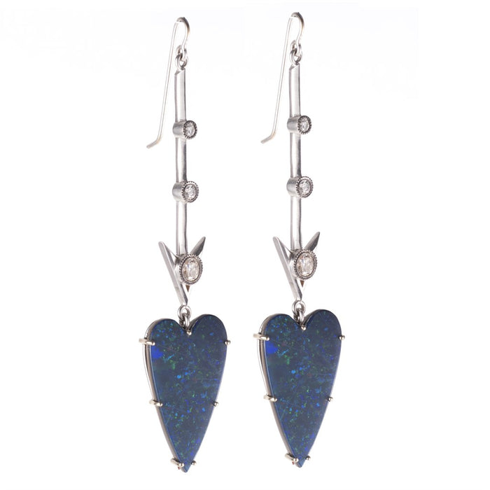 Opal & Diamond Heart Arrow Drop Earrings