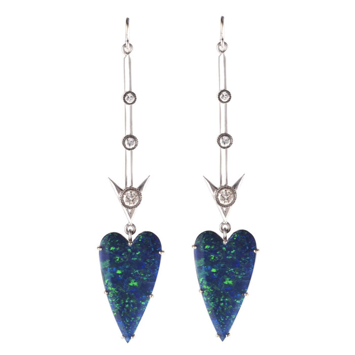 Opal & Diamond Heart Arrow Drop Earrings