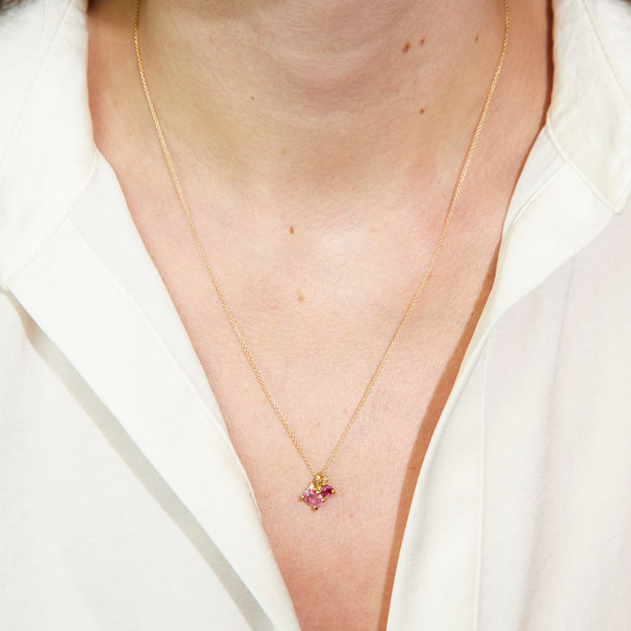 Ruby, Pink Sapphire & Diamond Cluster Pendant Necklace