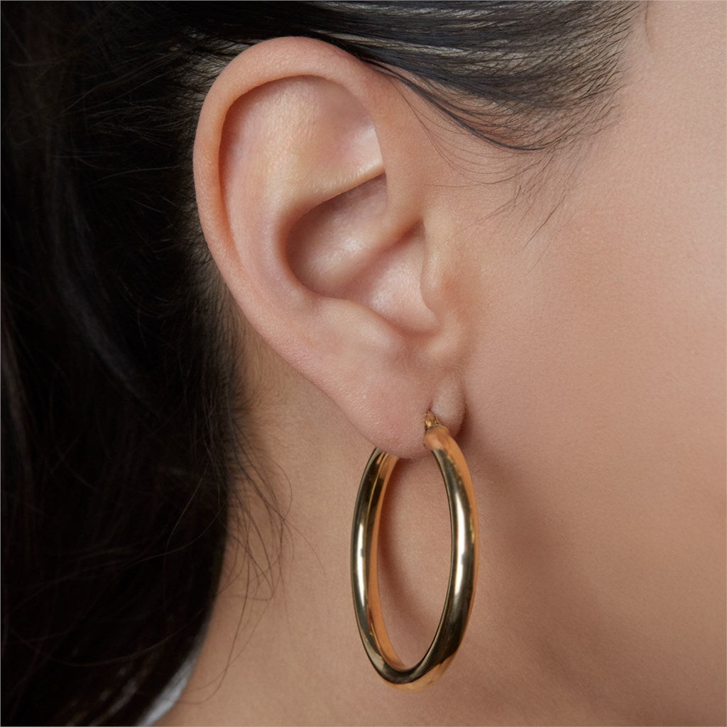 14K discount Yellow Gold tube drop Hoop Earrings, large 60mm x 4 huge